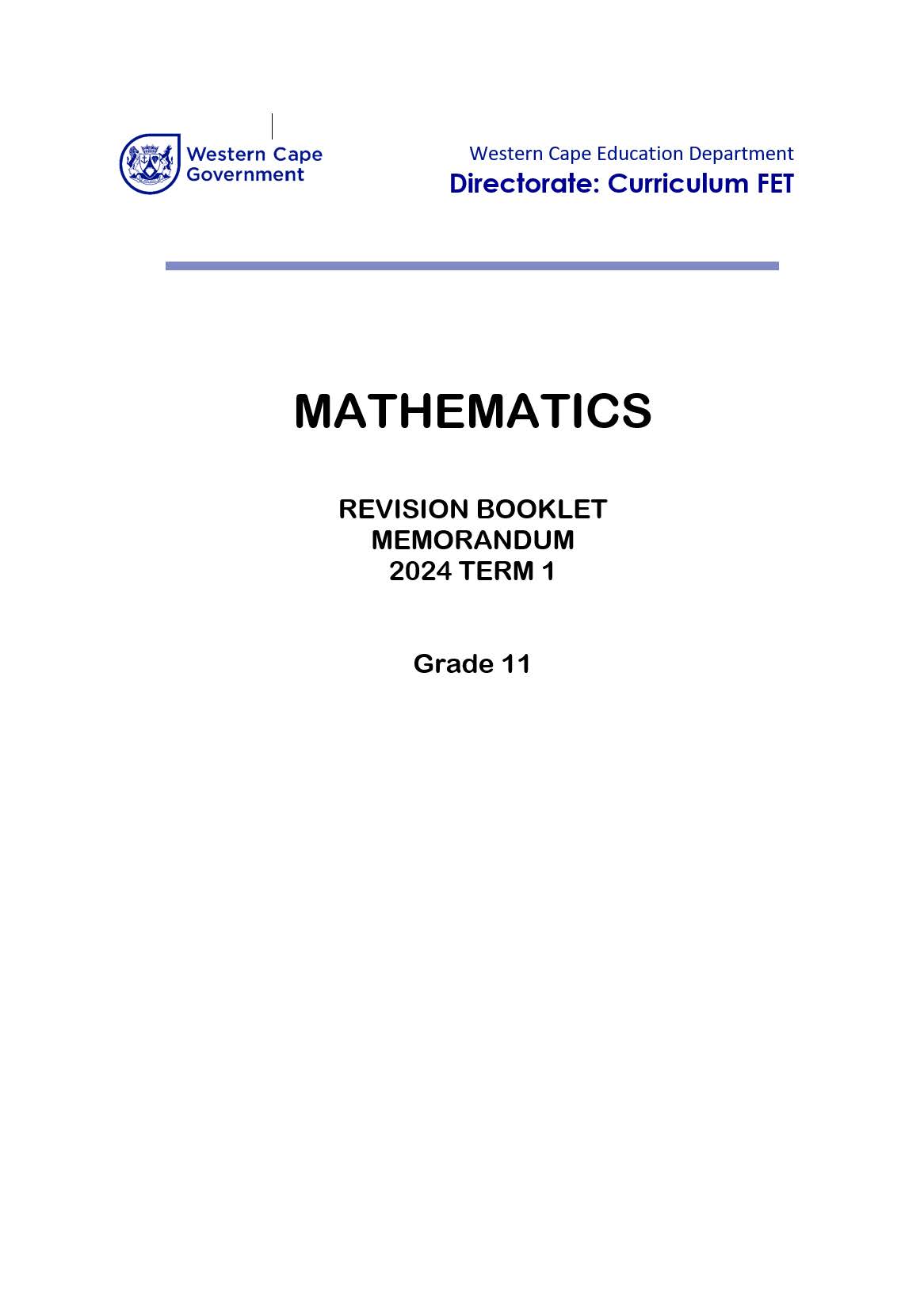 Mathematics Gr 11 T1 Revision Memo WCED EPortal